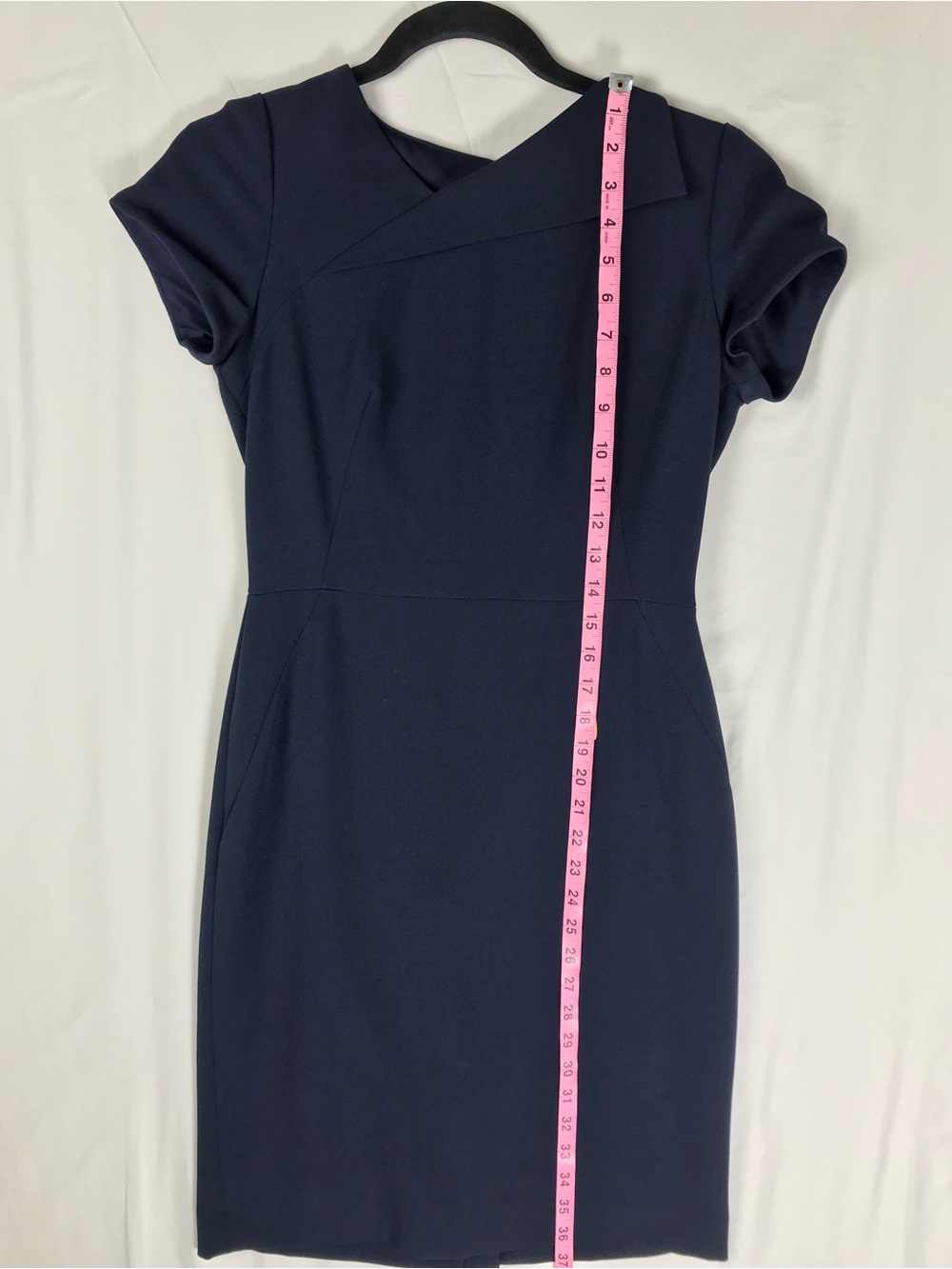 Tahari Navy Asymmetrical Neck Short-Sleeve Midi Dress - Picture 5 of 8